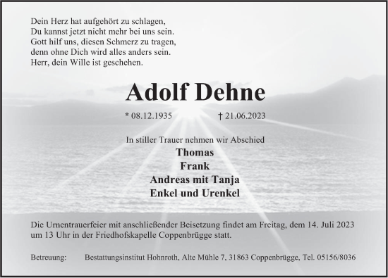 Traueranzeige von Adolf Dehne von Deister- und Weserzeitung