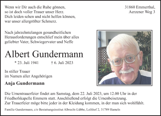 Traueranzeige von Albert Gundermann von Deister- und Weserzeitung