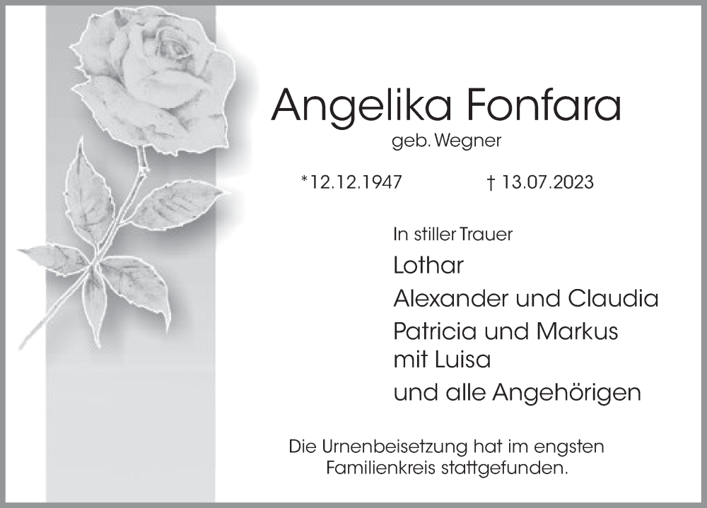  Traueranzeige für Angelika Fonfara vom 22.07.2023 aus Deister- und Weserzeitung