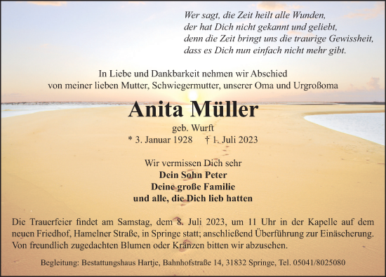 Traueranzeige von Anita Müller von Neue Deister-Zeitung
