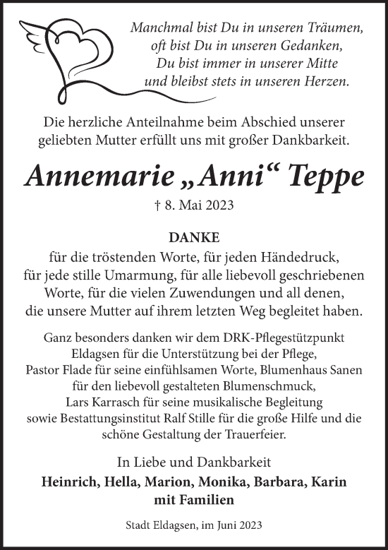Traueranzeige von Annemarie Teppe von Neue Deister-Zeitung