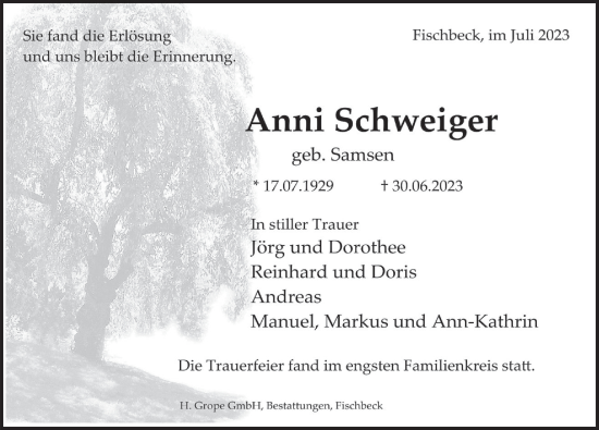 Traueranzeige von Anni Schweiger von Deister- und Weserzeitung