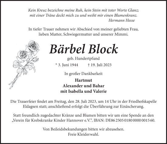 Traueranzeige von Bärbel Block von Neue Deister-Zeitung