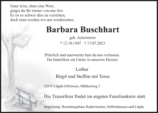 Traueranzeige von Barbara Buschhart von Deister- und Weserzeitung