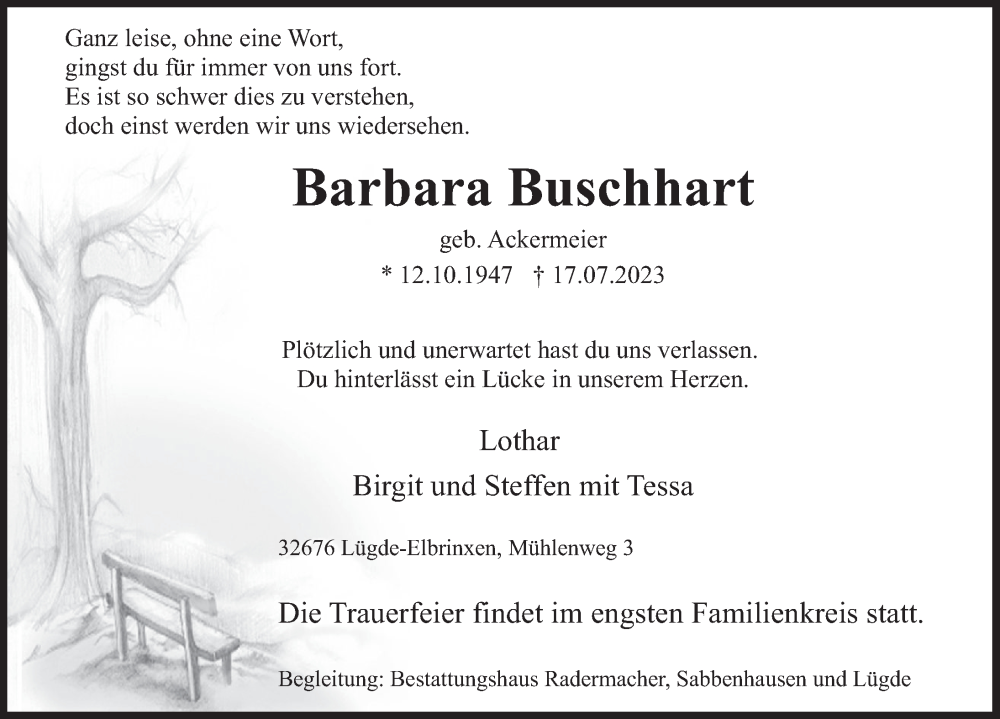  Traueranzeige für Barbara Buschhart vom 22.07.2023 aus Deister- und Weserzeitung