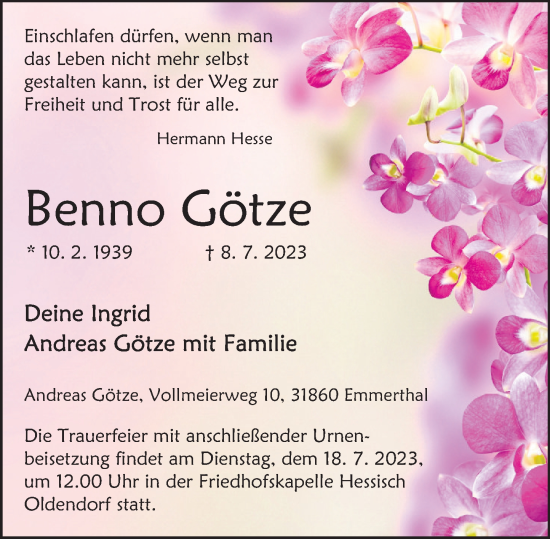 Traueranzeige von Benno Götze von Deister- und Weserzeitung