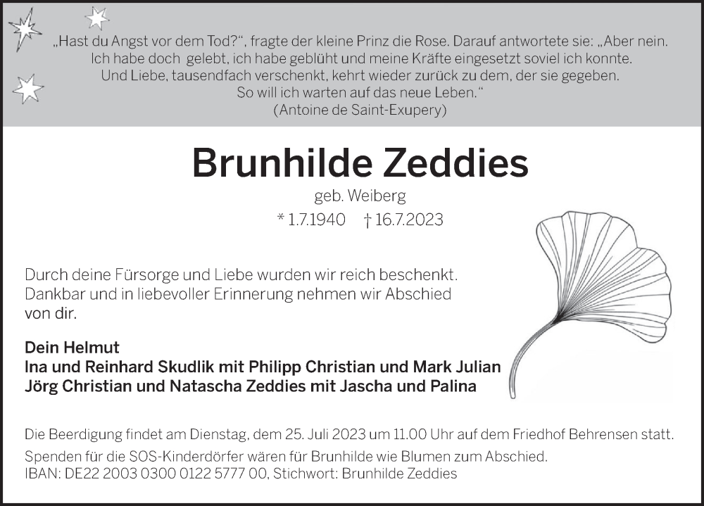  Traueranzeige für Brunhilde Zeddies vom 22.07.2023 aus Deister- und Weserzeitung