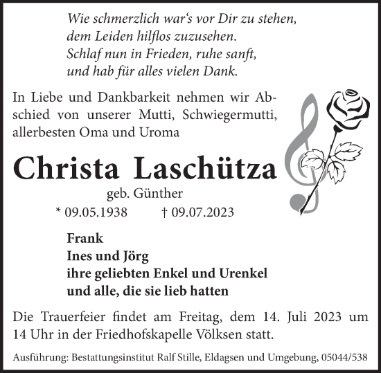 Traueranzeige von Christa Laschütza von Neue Deister-Zeitung