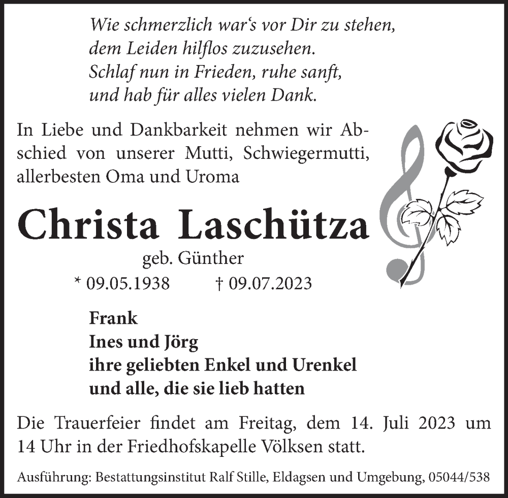  Traueranzeige für Christa Laschütza vom 11.07.2023 aus Neue Deister-Zeitung