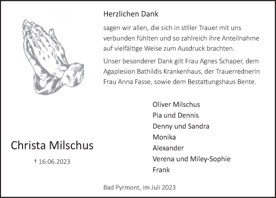 Traueranzeige von Christa Milschus von Deister- und Weserzeitung