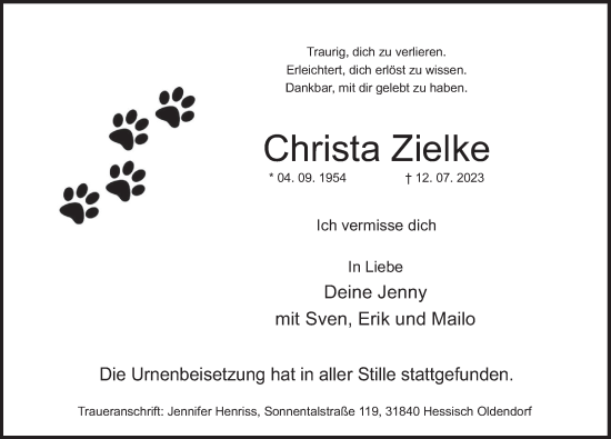 Traueranzeige von Christa Zielke von Deister- und Weserzeitung