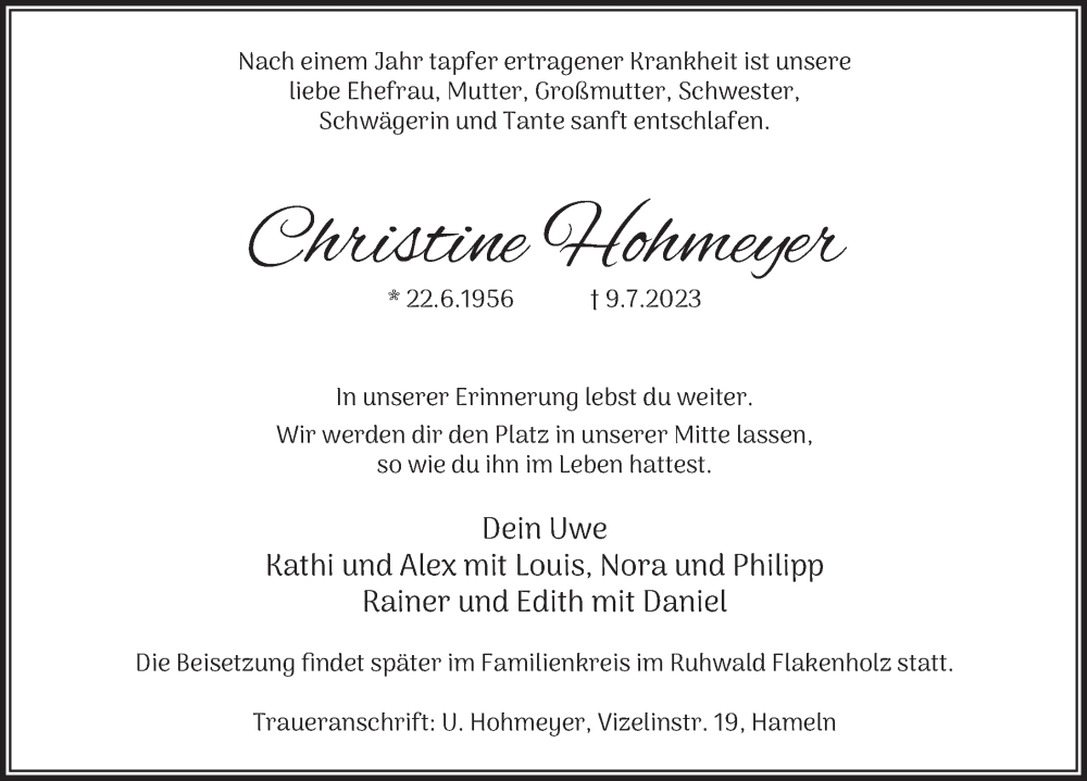  Traueranzeige für Christine Hohmeyer vom 15.07.2023 aus Deister- und Weserzeitung
