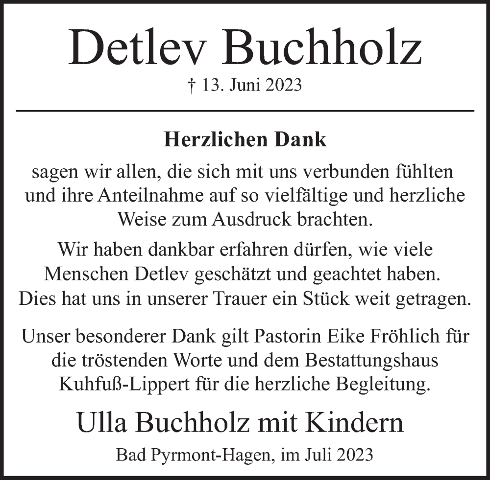  Traueranzeige für Detlev Buchholz vom 08.07.2023 aus Deister- und Weserzeitung