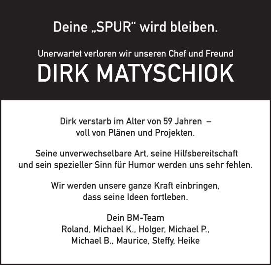Traueranzeige von Dirk Matyschiok von Deister- und Weserzeitung