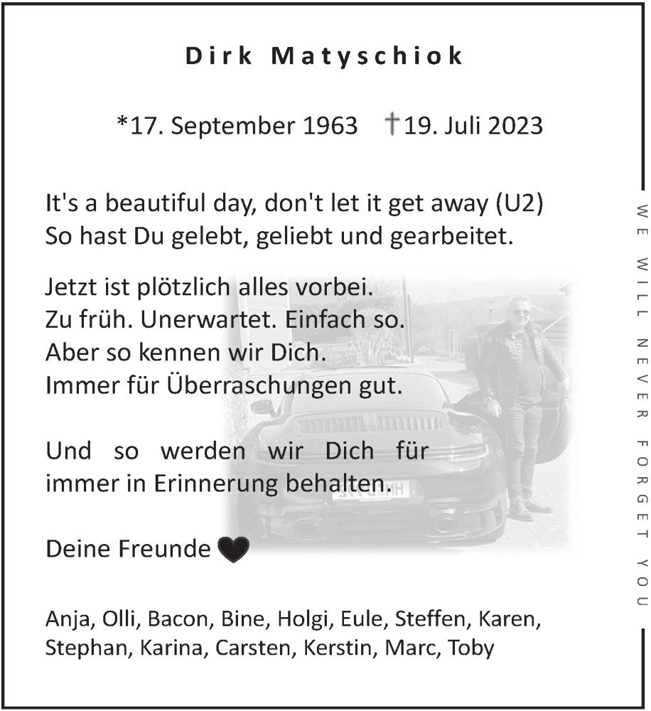  Traueranzeige für Dirk Matyschiok vom 29.07.2023 aus Deister- und Weserzeitung