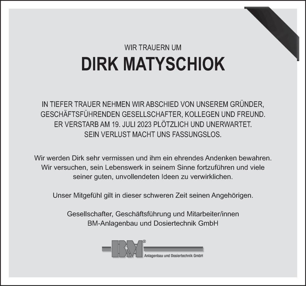  Traueranzeige für Dirk Matyschiok vom 29.07.2023 aus Deister- und Weserzeitung