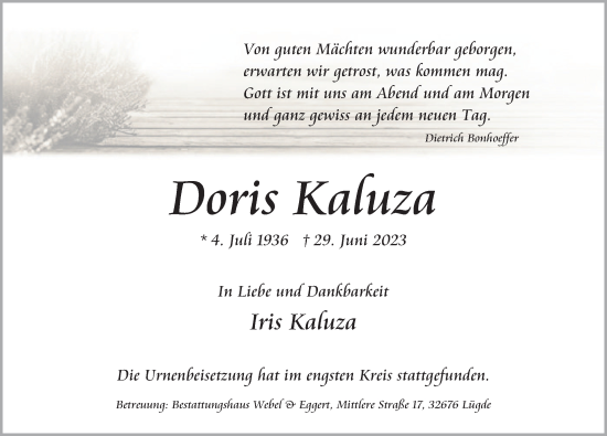Traueranzeige von Doris Kaluza von Deister- und Weserzeitung
