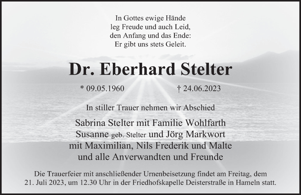  Traueranzeige für Eberhard Stelter vom 08.07.2023 aus Deister- und Weserzeitung