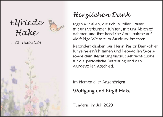 Traueranzeige von Elfriede Hake von Deister- und Weserzeitung
