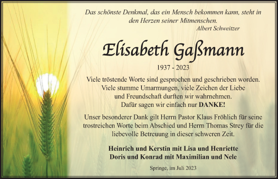 Traueranzeige von Elisabeth Gaßmann von Neue Deister-Zeitung
