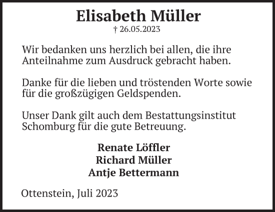 Traueranzeige von Elisabeth Müller von Deister- und Weserzeitung