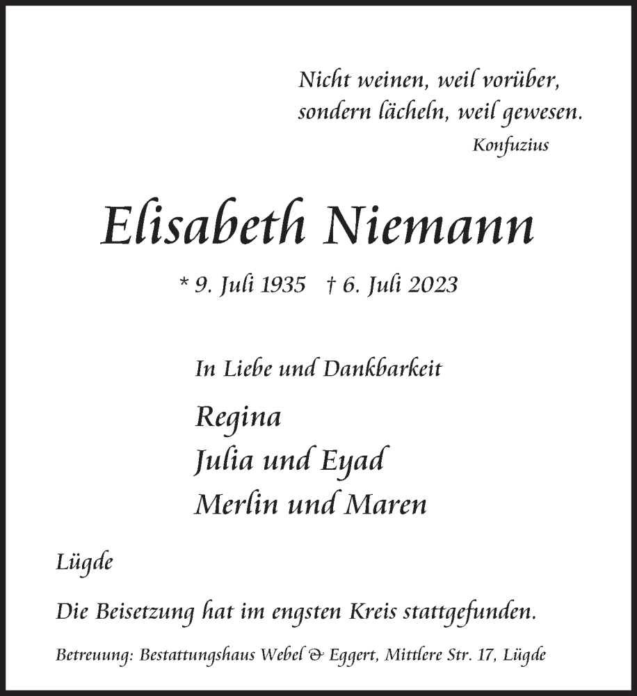  Traueranzeige für Elisabeth Niemann vom 22.07.2023 aus Deister- und Weserzeitung