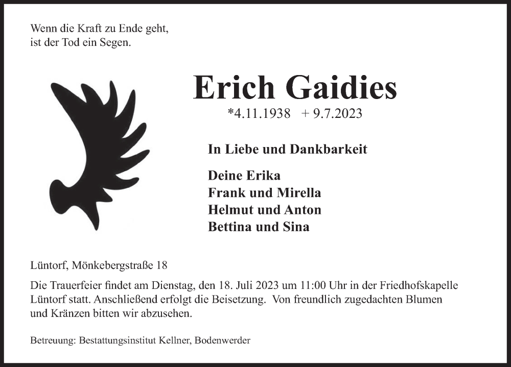  Traueranzeige für Erich Gaidies vom 15.07.2023 aus Deister- und Weserzeitung