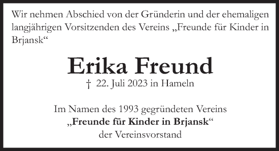 Traueranzeige von Erika Freund von Deister- und Weserzeitung