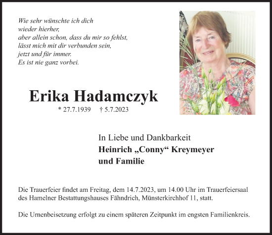 Traueranzeige von Erika Hadamczyk von Deister- und Weserzeitung