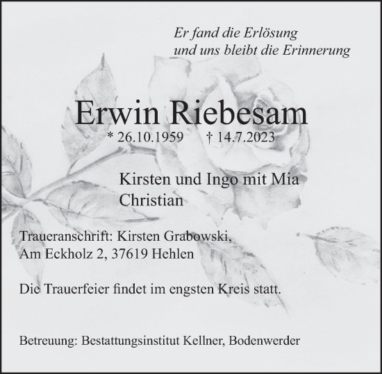 Traueranzeige von Erwin Riebesam von Neue Deister-Zeitung