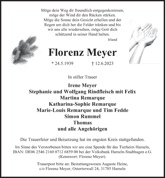 Traueranzeige von Florenz Meyer von Deister- und Weserzeitung