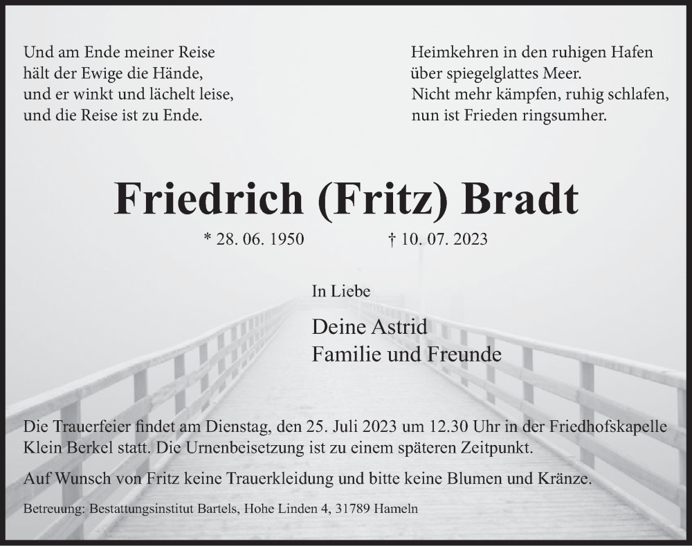  Traueranzeige für Friedrich Bradt vom 19.07.2023 aus Deister- und Weserzeitung