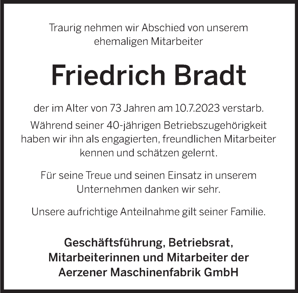  Traueranzeige für Friedrich Bradt vom 19.07.2023 aus Deister- und Weserzeitung