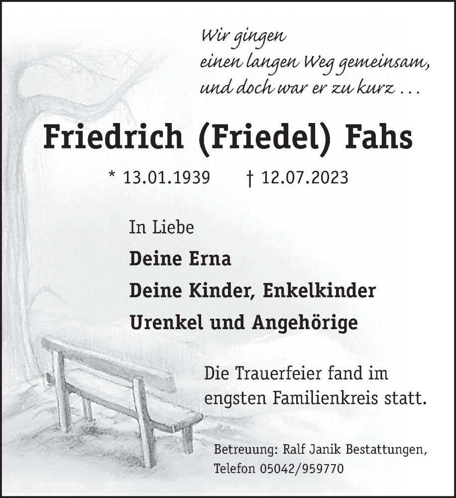  Traueranzeige für Friedrich  Fahs vom 05.08.2023 aus Neue Deister-Zeitung