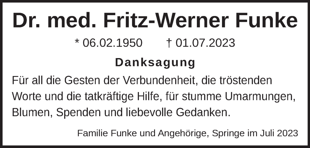  Traueranzeige für Fritz-Werner Funke vom 29.07.2023 aus Neue Deister-Zeitung