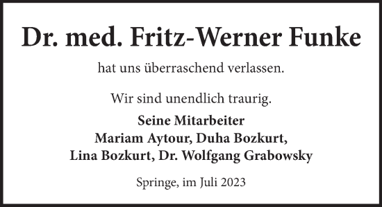 Traueranzeige von Fritz-Werner Funke von Neue Deister-Zeitung