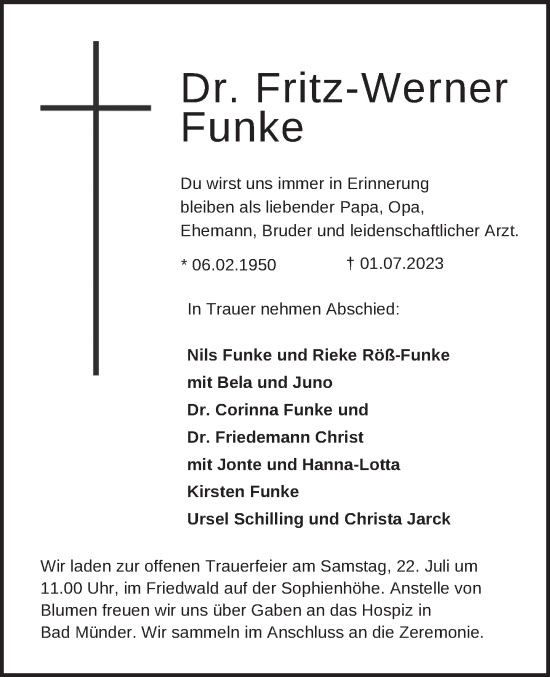 Traueranzeige von Fritz-Werner Funke von Neue Deister-Zeitung