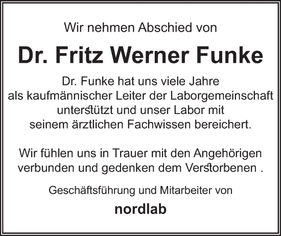 Traueranzeige von Fritz Werner Funke von Deister- und Weserzeitung