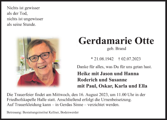 Traueranzeige von Gerdamarie Otte von Deister- und Weserzeitung