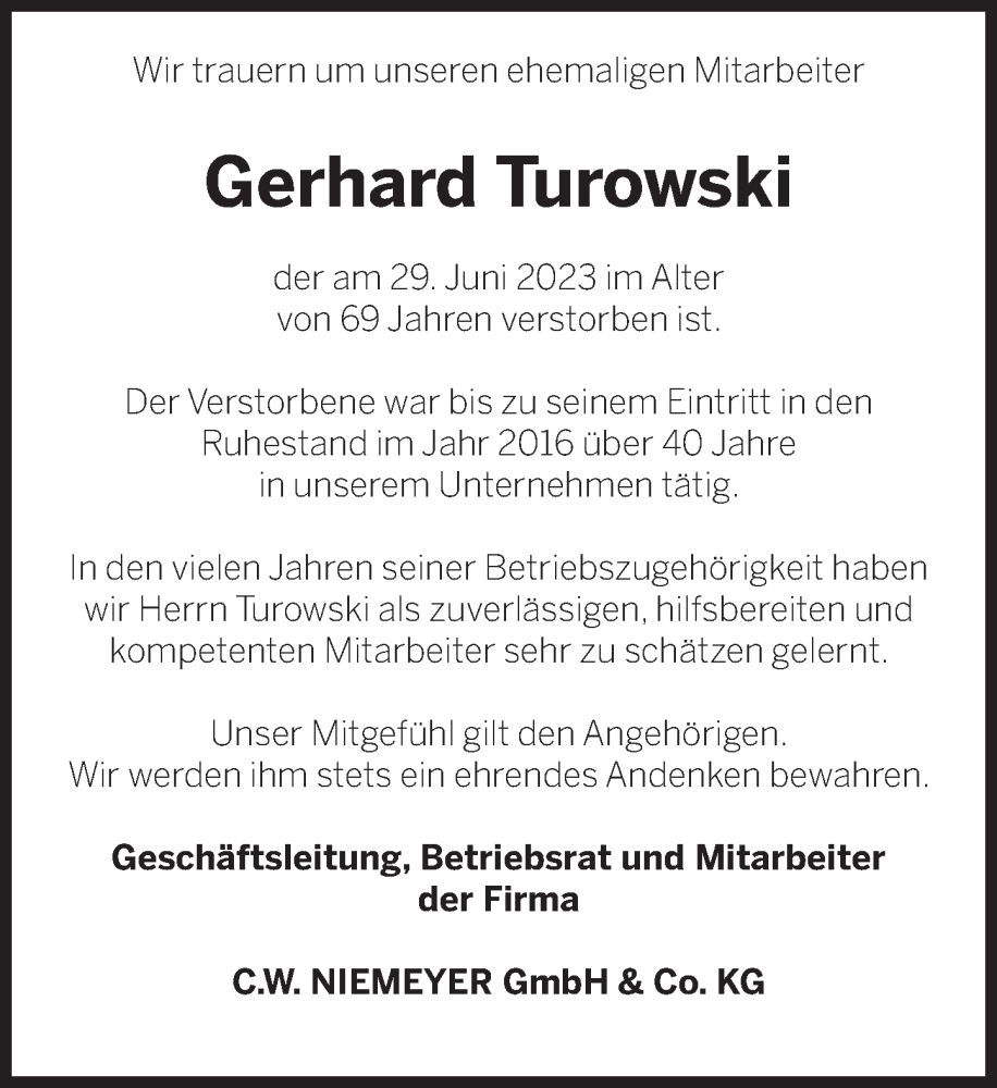 Traueranzeige für Gerhard Turowski vom 08.07.2023 aus Deister- und Weserzeitung