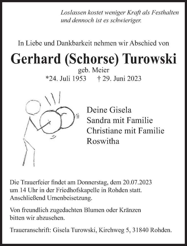  Traueranzeige für Gerhard Turowski vom 08.07.2023 aus Deister- und Weserzeitung