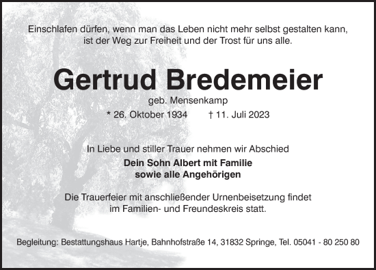 Traueranzeige von Gertrud Bredemeier von Neue Deister-Zeitung