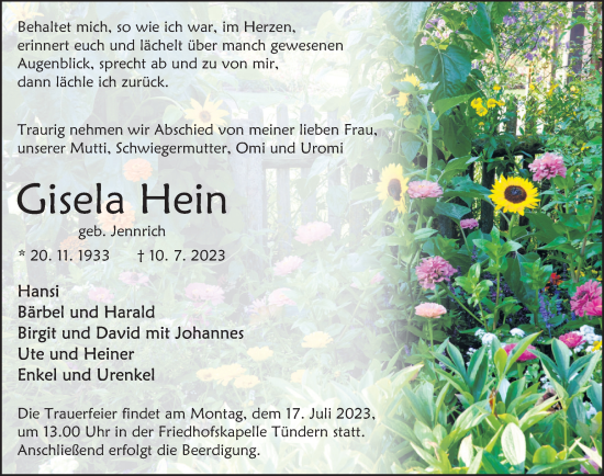 Traueranzeige von Gisela Hein von Deister- und Weserzeitung