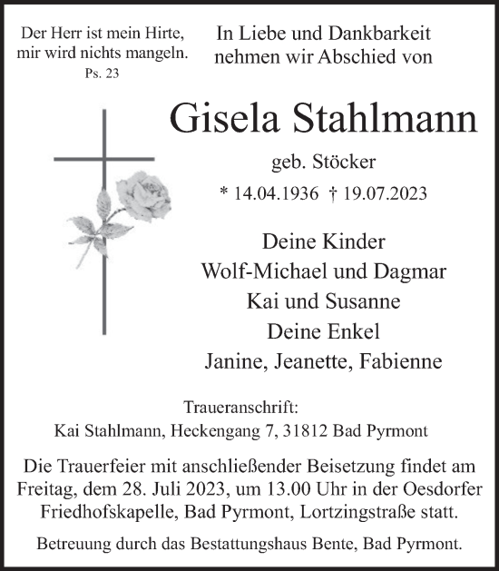 Traueranzeige von Gisela Stahlmann von Deister- und Weserzeitung