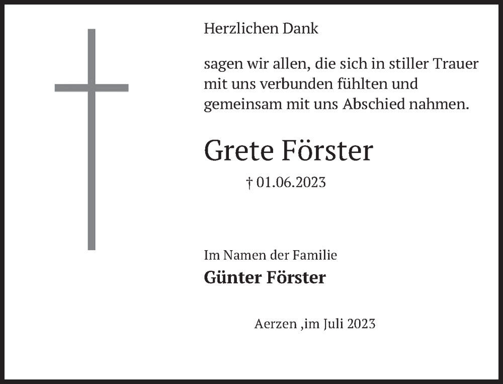  Traueranzeige für Grete Förster vom 08.07.2023 aus Deister- und Weserzeitung