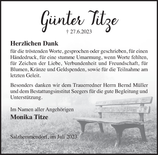 Traueranzeige von Günter Titze von Deister- und Weserzeitung