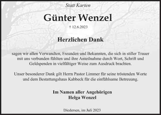 Traueranzeige von Günter Wenzel von Deister- und Weserzeitung