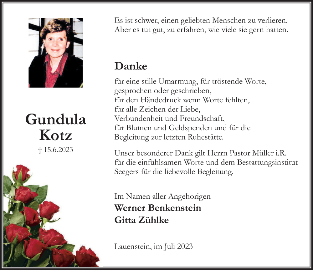 Traueranzeige für Gundula Kotz vom 22.07.2023 aus Deister- und Weserzeitung