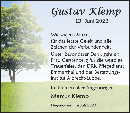 Traueranzeige von Gustav Klemp von Deister- und Weserzeitung