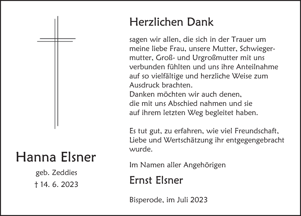  Traueranzeige für Hanna Elsner vom 29.07.2023 aus Deister- und Weserzeitung